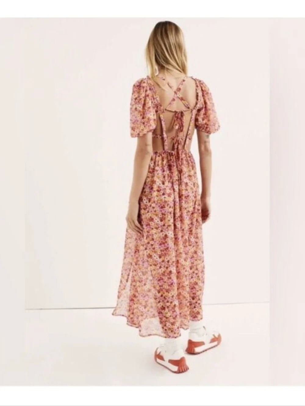 For Love & Lemons Felicia Pink Floral Puff Sleeve Midi Dress Slit Size Small S